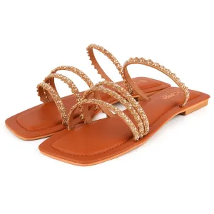 Tan Embroidered Strappy Flats