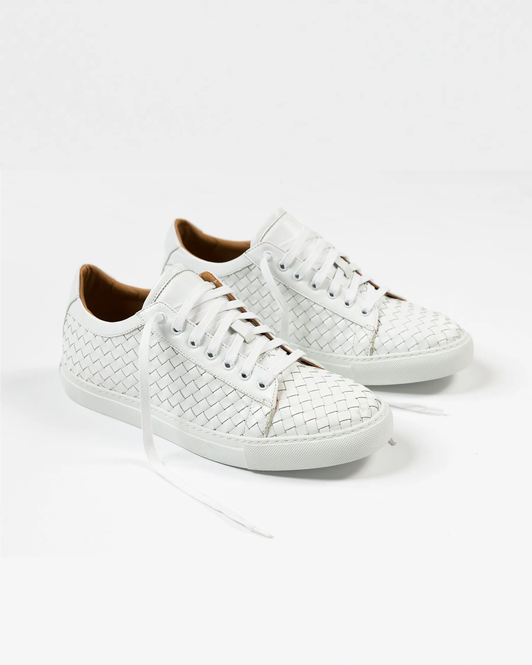 White Hand Woven Low-Top Sneakers