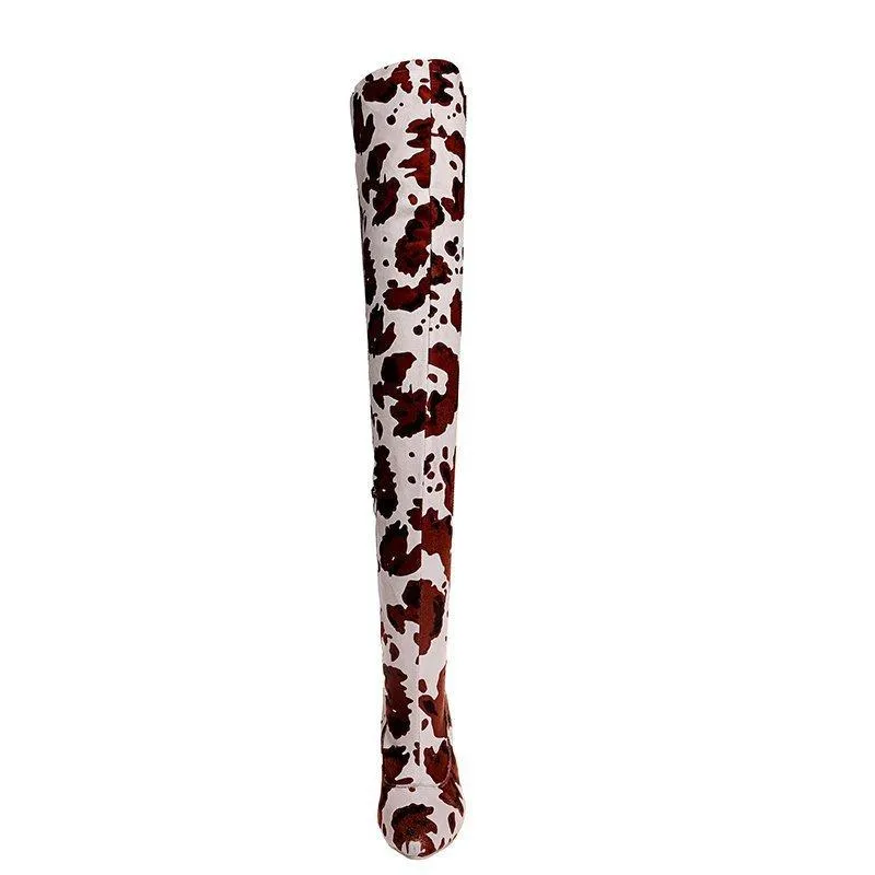 Women fashion printed stiletto high heel pointed toe over the knee boots