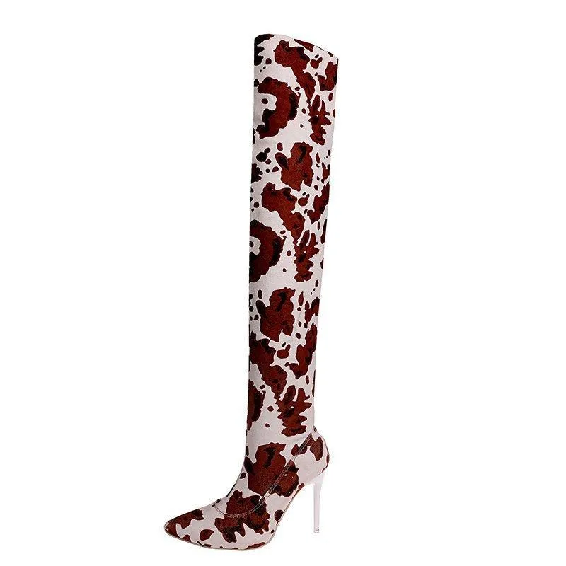 Women fashion printed stiletto high heel pointed toe over the knee boots