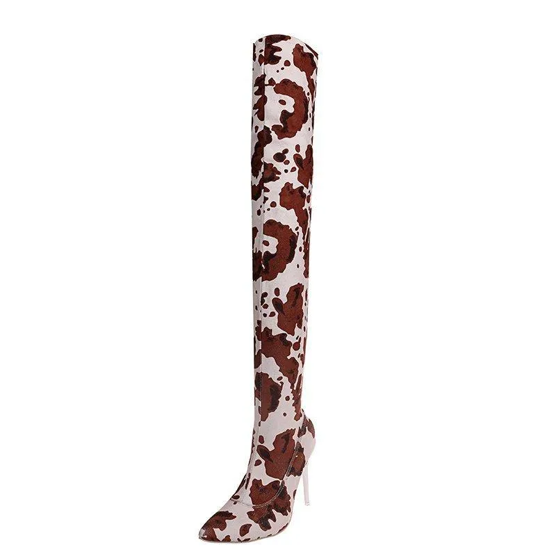 Women fashion printed stiletto high heel pointed toe over the knee boots