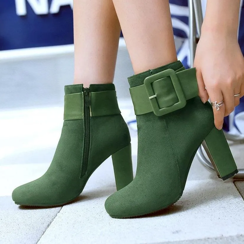 Women short buckle strap chunky high heel ankle boots