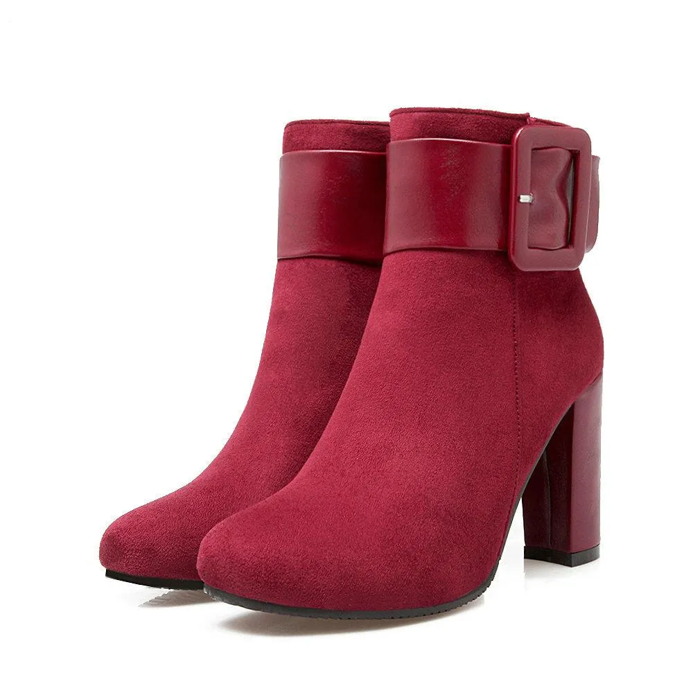 Women short buckle strap chunky high heel ankle boots