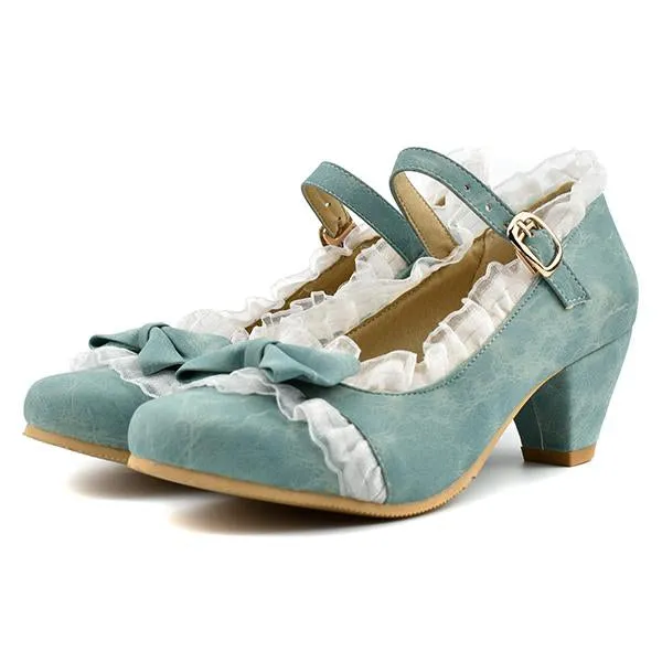 Women's Elegant Lace Bow Buckle Thick Heels Pumps 86201883S