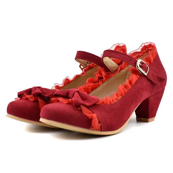 Women's Elegant Lace Bow Buckle Thick Heels Pumps 86201883S