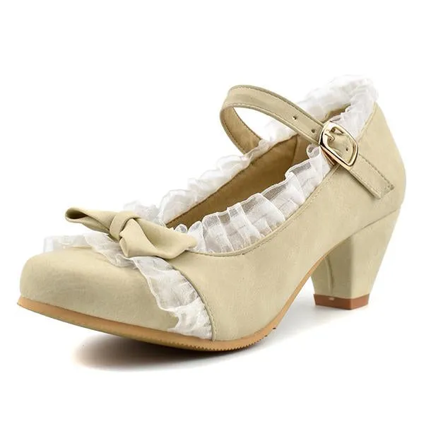 Women's Elegant Lace Bow Buckle Thick Heels Pumps 86201883S