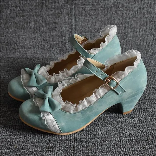Women's Elegant Lace Bow Buckle Thick Heels Pumps 86201883S