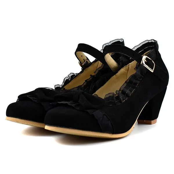 Women's Elegant Lace Bow Buckle Thick Heels Pumps 86201883S