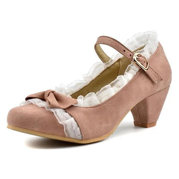 Women's Elegant Lace Bow Buckle Thick Heels Pumps 86201883S