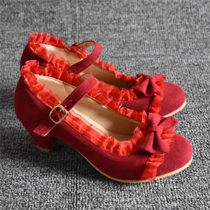 Women's Elegant Lace Bow Buckle Thick Heels Pumps 86201883S