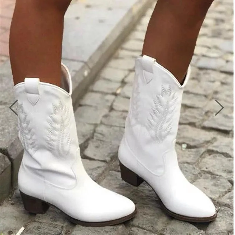 Women's mid calf cowboy boots retro pointed toe short western boots