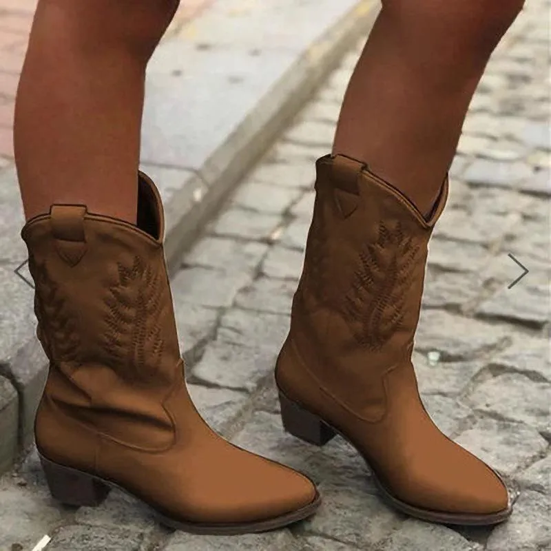 Women's mid calf cowboy boots retro pointed toe short western boots