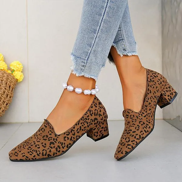 Women's Retro Suede Leopard Print Block Heel Pumps 98940929S