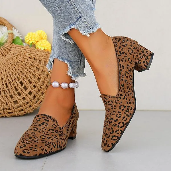 Women's Retro Suede Leopard Print Block Heel Pumps 98940929S